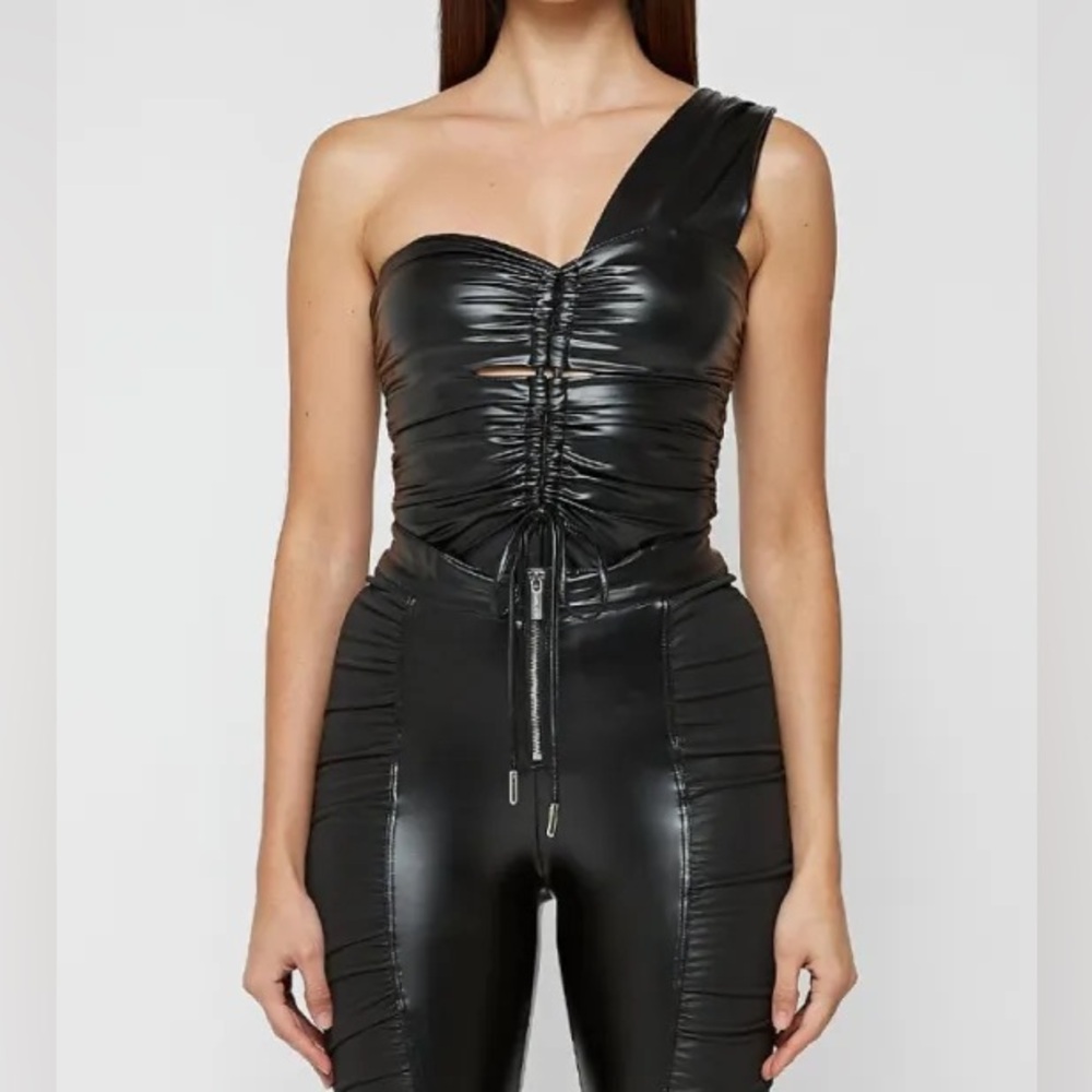 Maniere De Voir Women's Black Bodysuit Ruched Vegan Leather Bodysuit